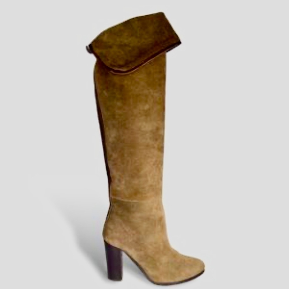 Zara Woman Leather Suede Camel Over Knee Thigh High Fold Heel Boho Boots 38/8